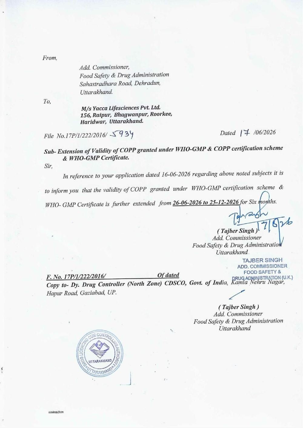 WHO-GMP Extension Letter, issued June 2026, valid to December 2026