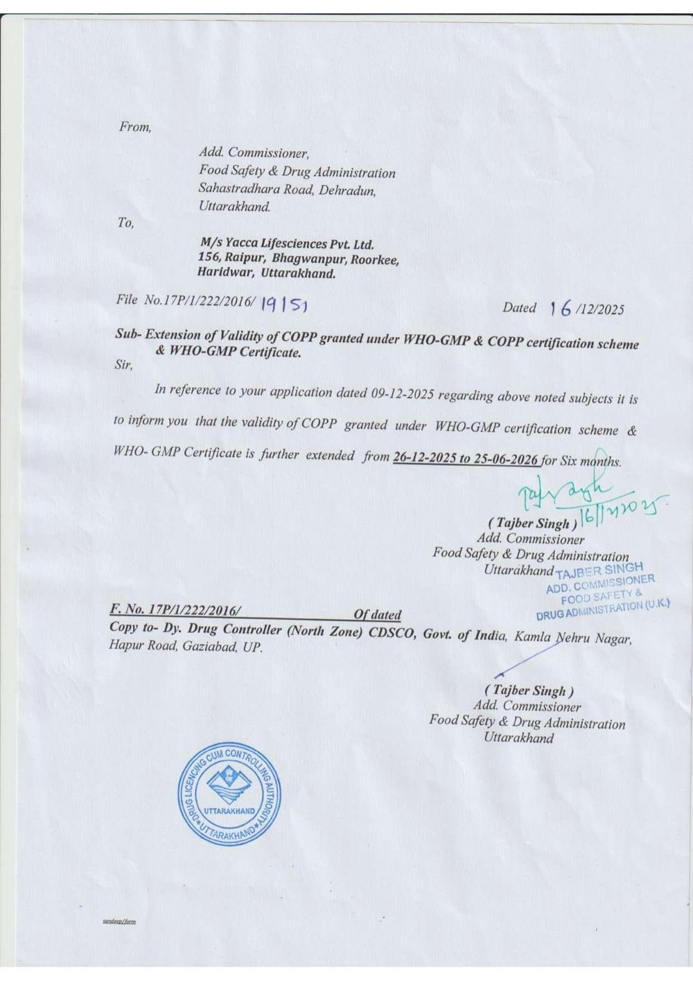 WHO-GMP Extension Letter, issued December 2025, valid to June 2026